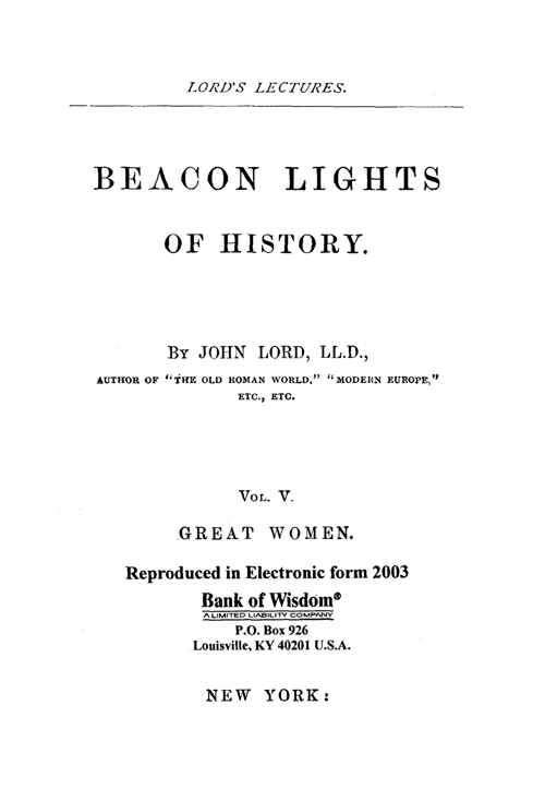 Beacon Lights of History, Vol. 5 only. - Great Women.